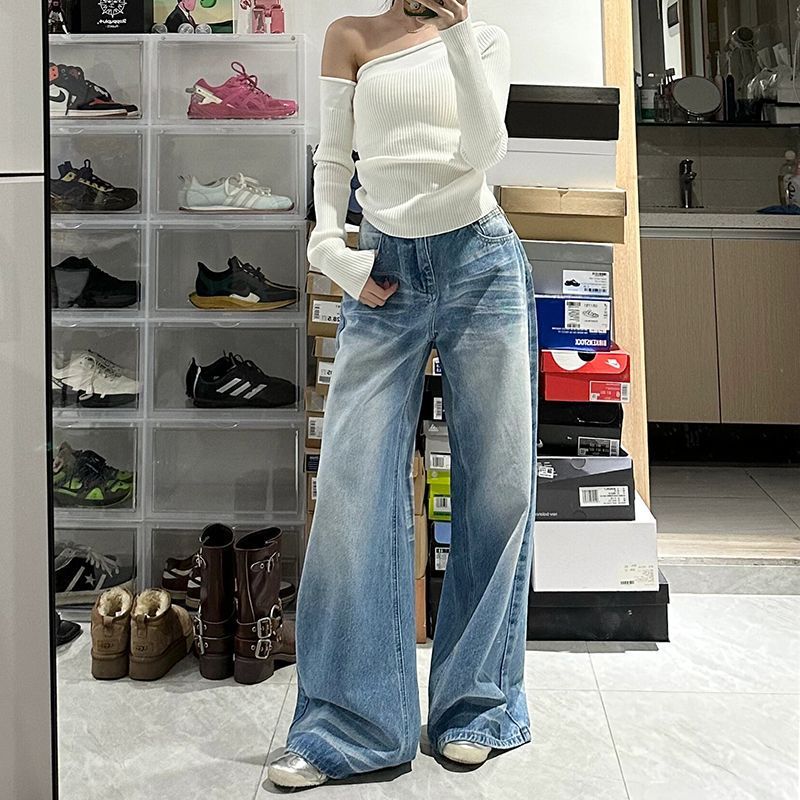 Retro Washed High Waist Wide Leg Jeans For Women Baggy Straight Trousers