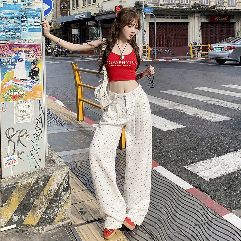 White Polka Dot Lyocell Jeans Female Pleated Design Baggy Straight Trousers