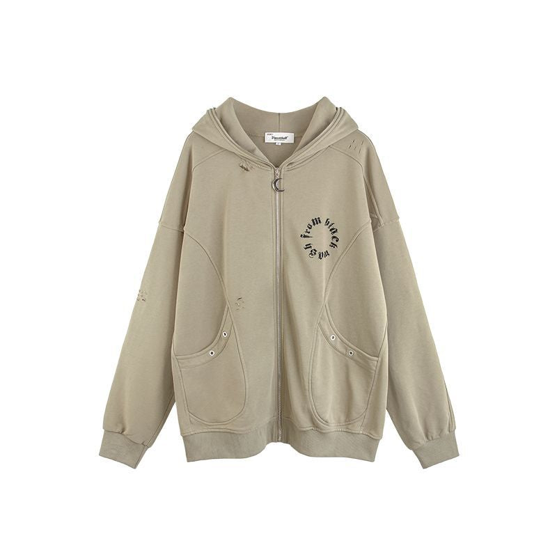 American Retro Ripped Jeans Hooded Sweater Baggy Coat