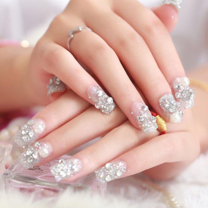 designer Crystal Flowers  with stones Press-on Nails 24 Pcs Set