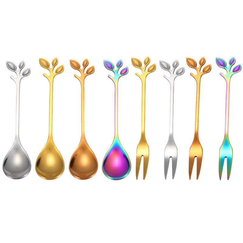 Stainless Steel Leaf Spoon Fork Thickened Two-Tooth Fruit Fork Golden Dessert Coffee Stirring Spoon