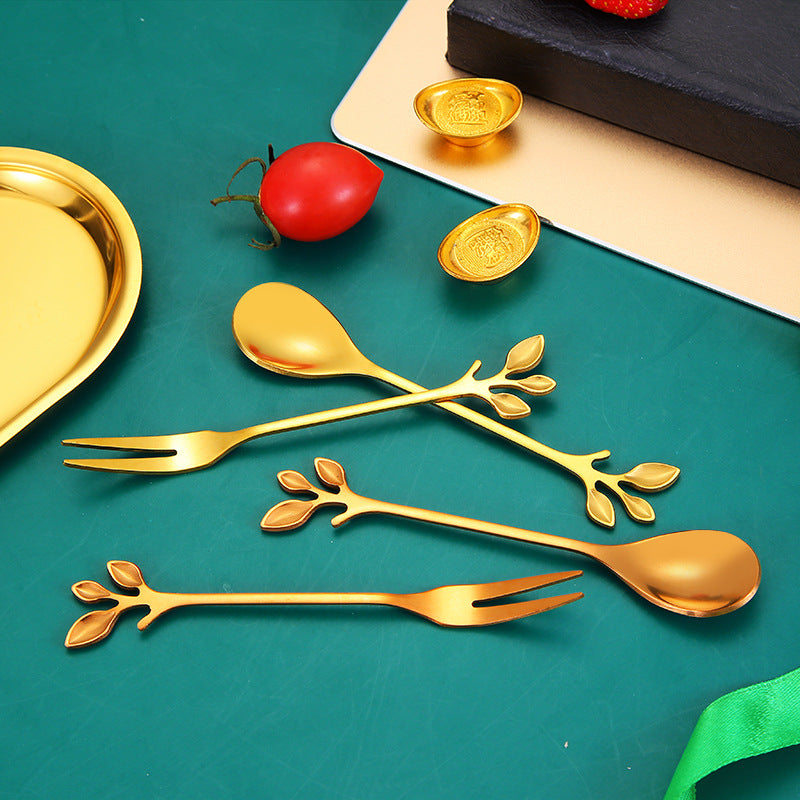 Stainless Steel Leaf Spoon Fork Thickened Two-Tooth Fruit Fork Golden Dessert Coffee Stirring Spoon