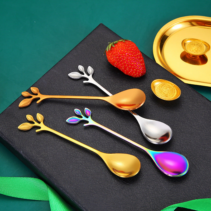 Stainless Steel Leaf Spoon Fork Thickened Two-Tooth Fruit Fork Golden Dessert Coffee Stirring Spoon