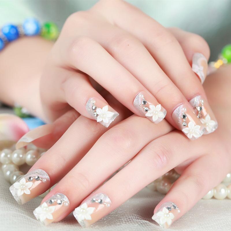 designer Crystal Flowers  with stones Press-on Nails 24 Pcs Set