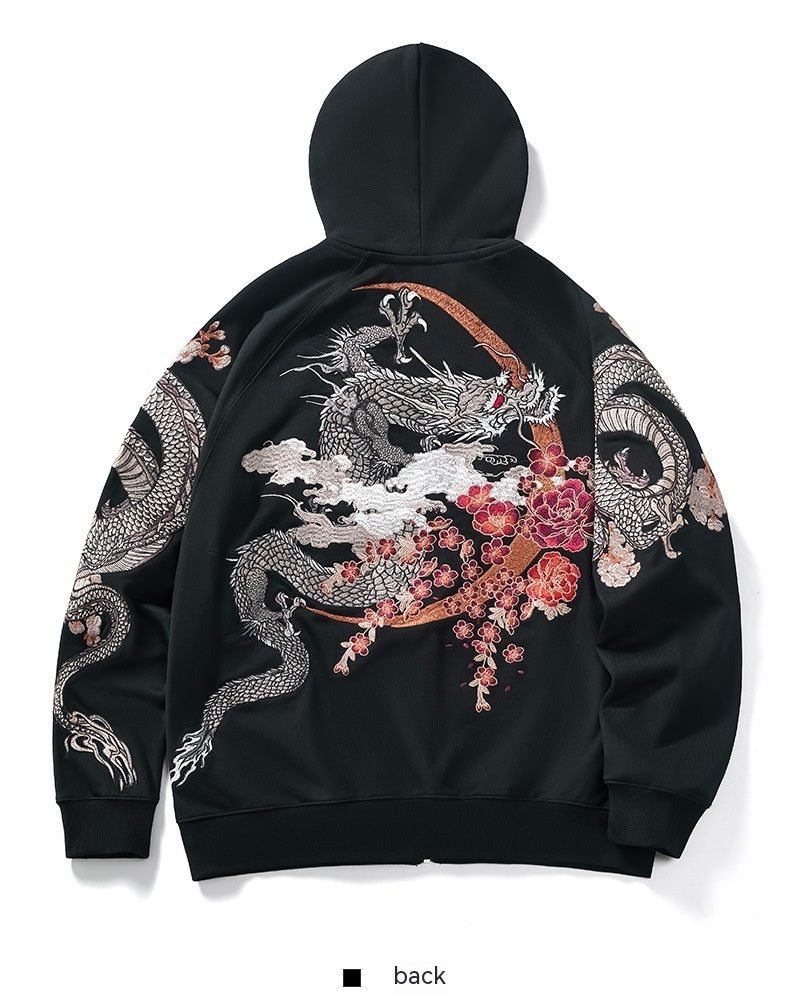 Dragon Embroidery Long Sleeve Hooded Zipper Sweatshirt Baggy Coat Loose