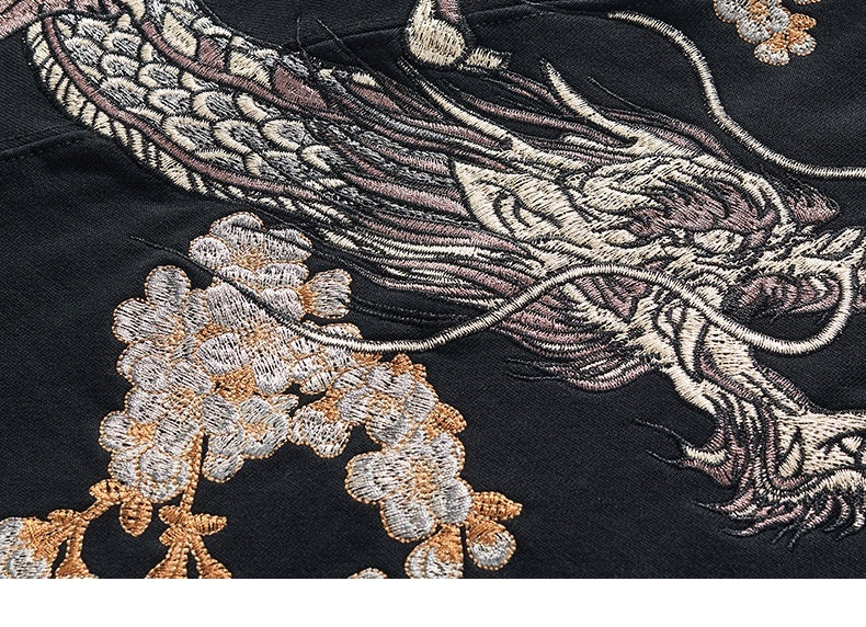 Dragon Embroidery Long Sleeve Hooded Zipper Sweatshirt Baggy Coat Loose