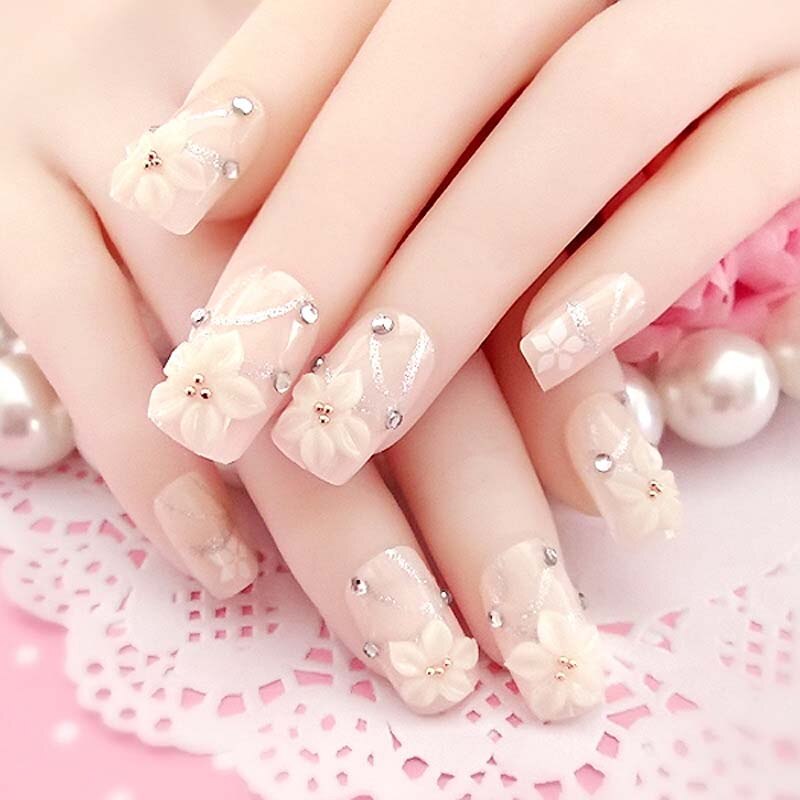 designer Crystal Flowers  with stones Press-on Nails 24 Pcs Set
