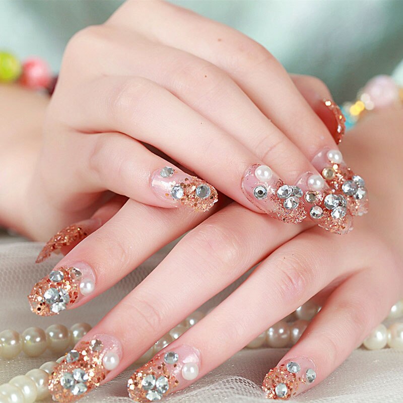 designer Crystal Flowers  with stones Press-on Nails 24 Pcs Set