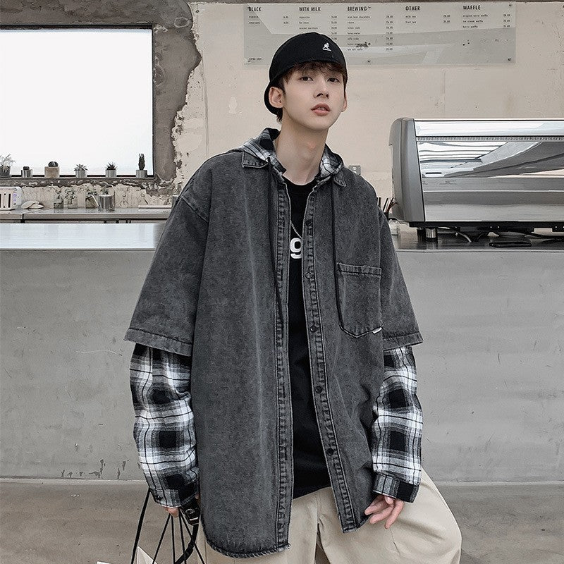 Corduroy Stitching Denim Baggy Coat