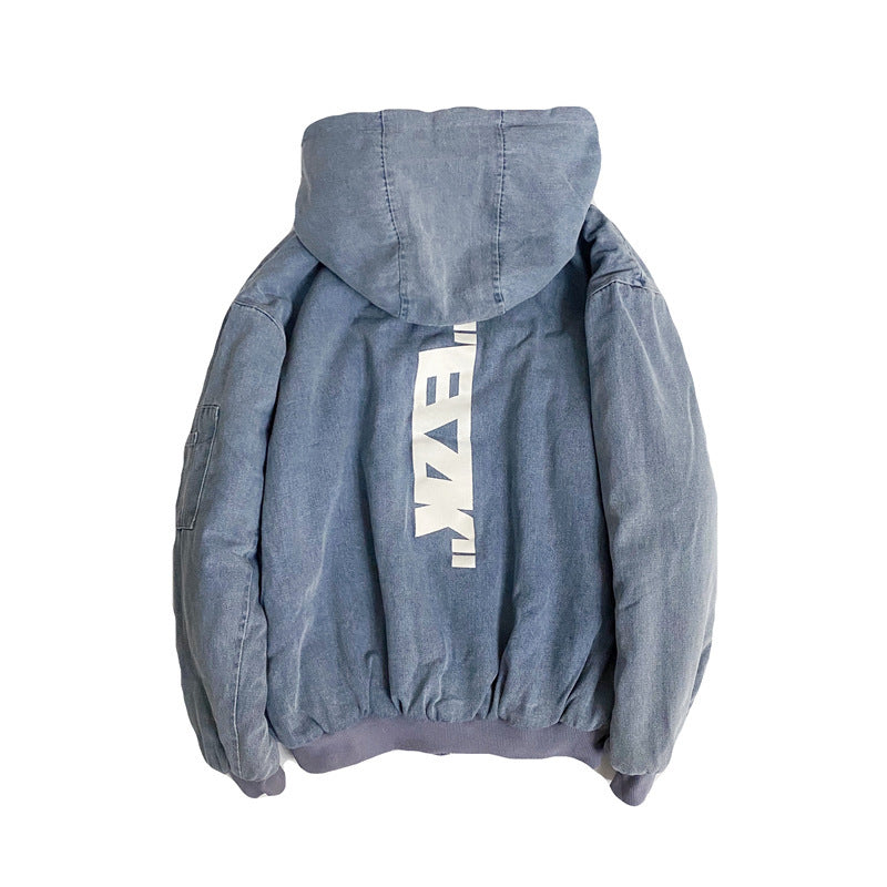 Front And Rear Printed Denim Lamb Wool Baggy Coat Cotton-padded Coat