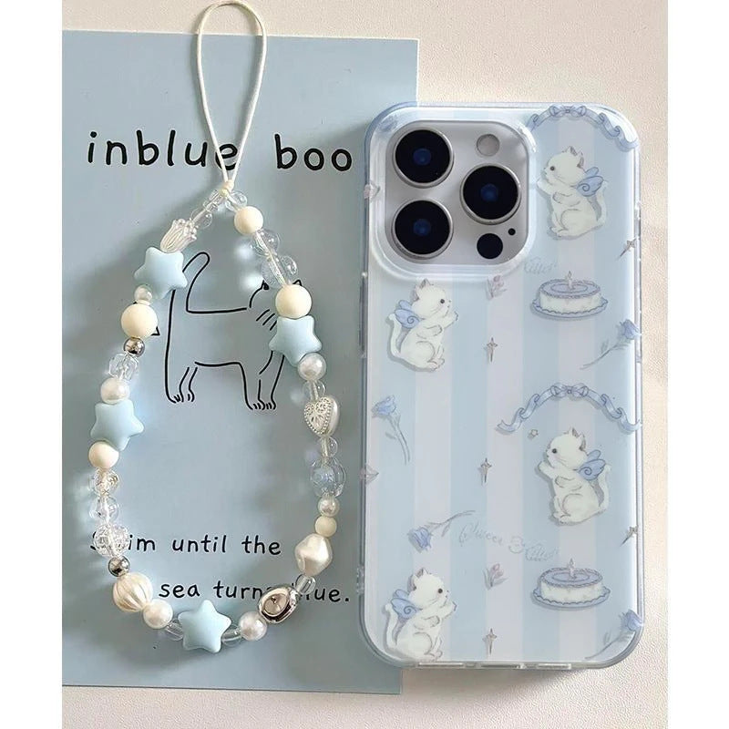 Applicable Mobile Phone Blue And White Striped Cat Lanyard Protective Cover