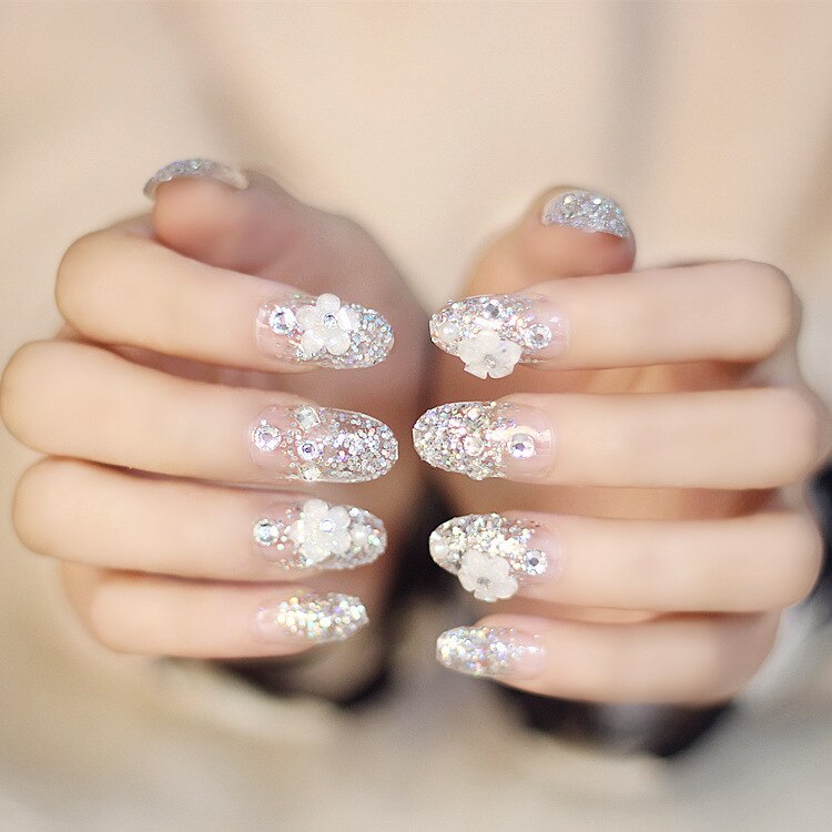 designer Crystal Flowers  with stones Press-on Nails 24 Pcs Set