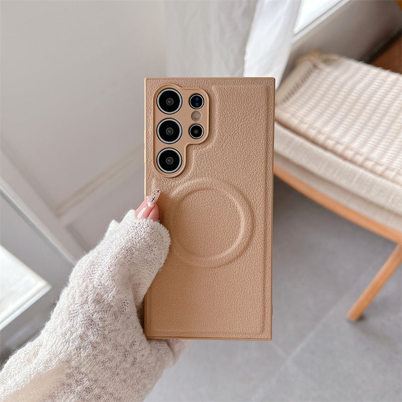 Plain Leather Magnetic Phone Case Drop-resistant Protective Cover