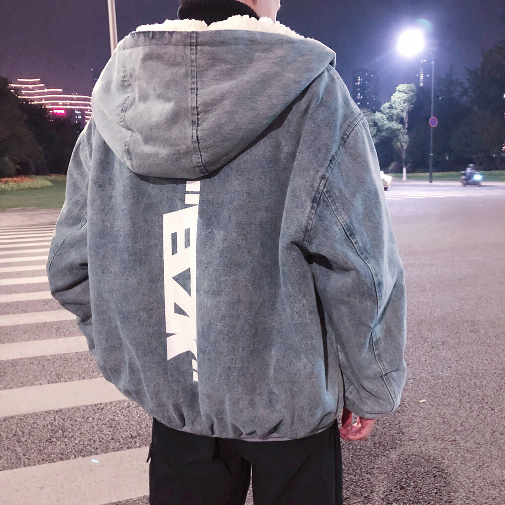 Front And Rear Printed Denim Lamb Wool Baggy Coat Cotton-padded Coat