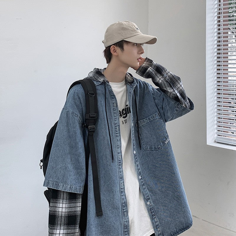 Corduroy Stitching Denim Baggy Coat