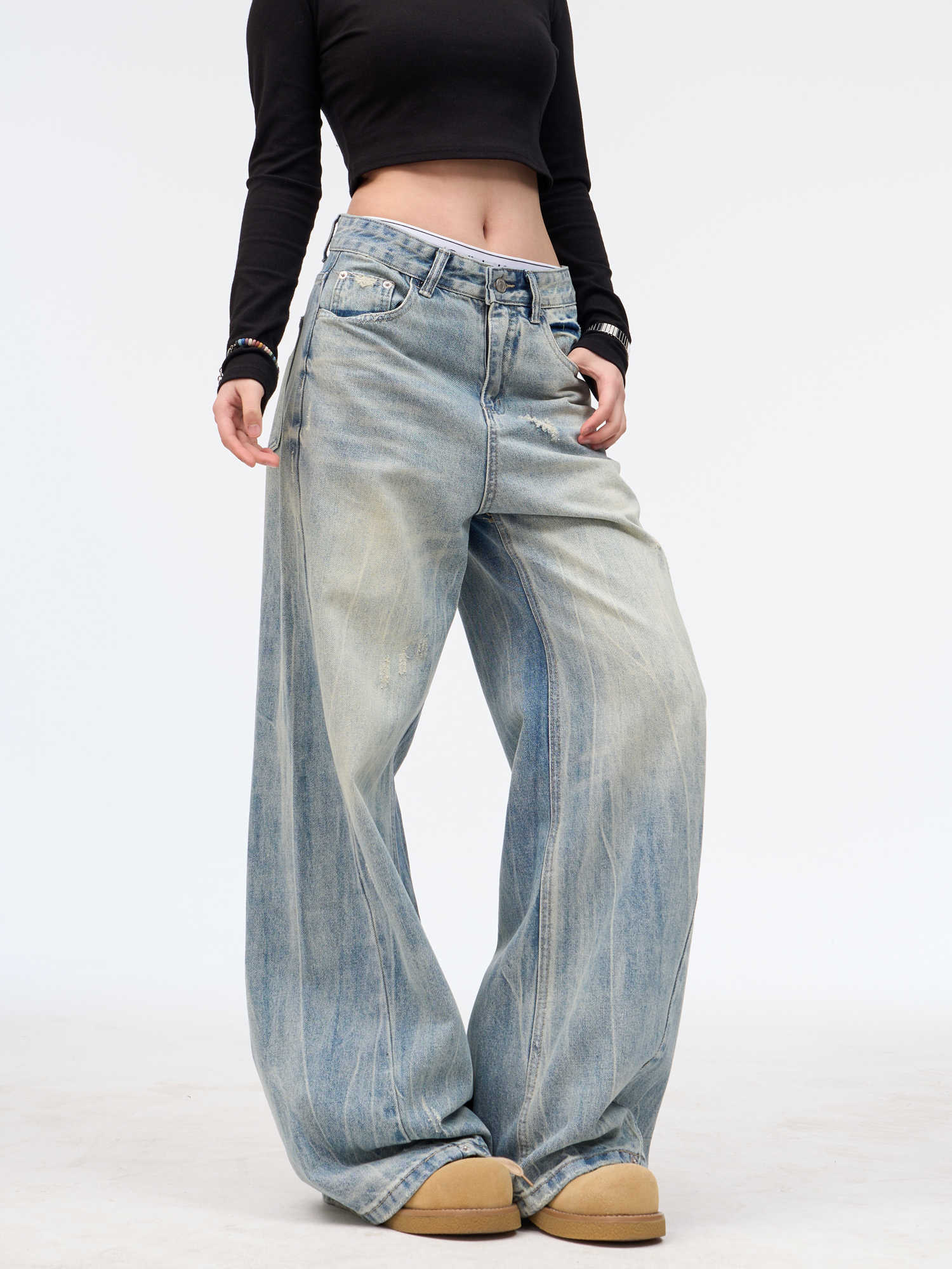 Retro Washed Ripped Jeans Baggy Straight Trousers