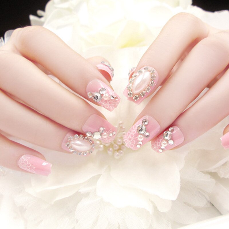 designer Crystal Flowers  with stones Press-on Nails 24 Pcs Set