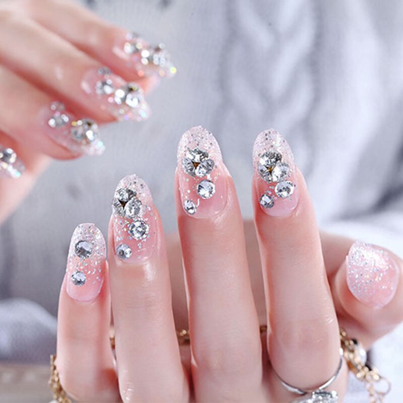 designer Crystal Flowers  with stones Press-on Nails 24 Pcs Set