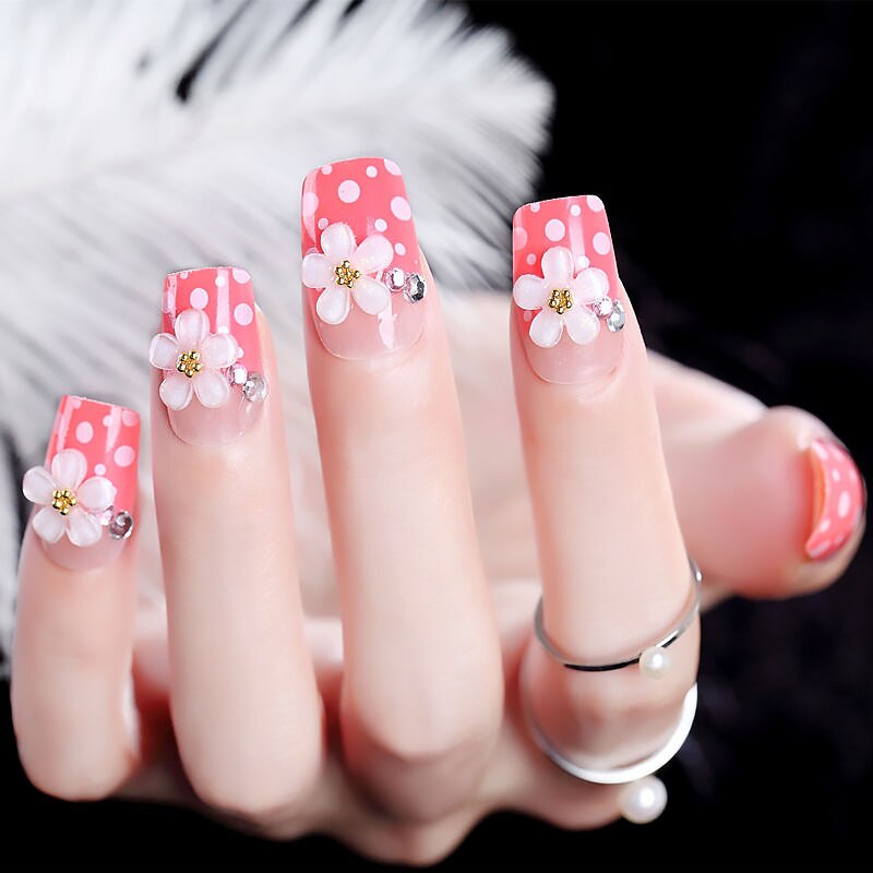 designer Crystal Flowers  with stones Press-on Nails 24 Pcs Set