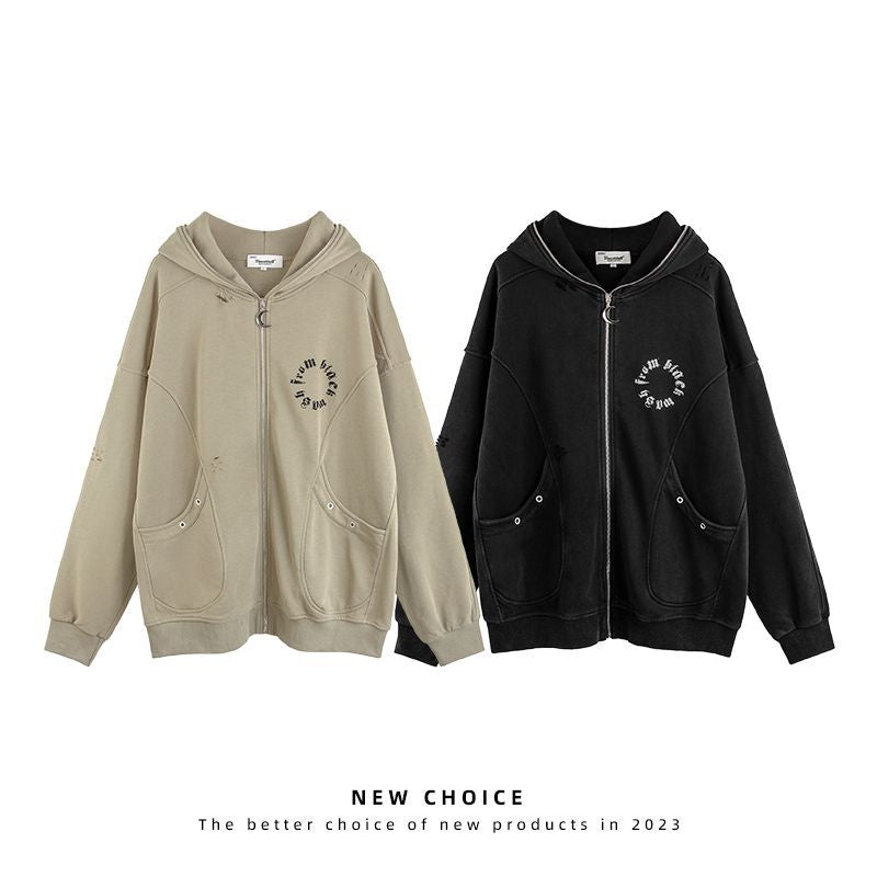 American Retro Ripped Jeans Hooded Sweater Baggy Coat