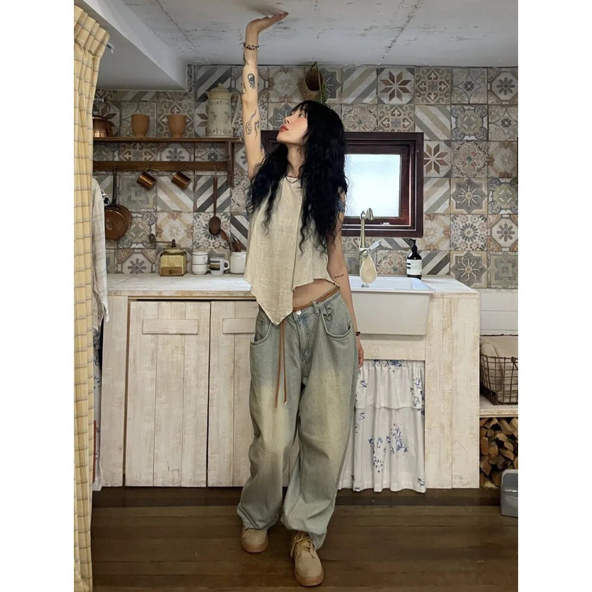 Straight Cylinder Floor Mopping Baggy Jeans