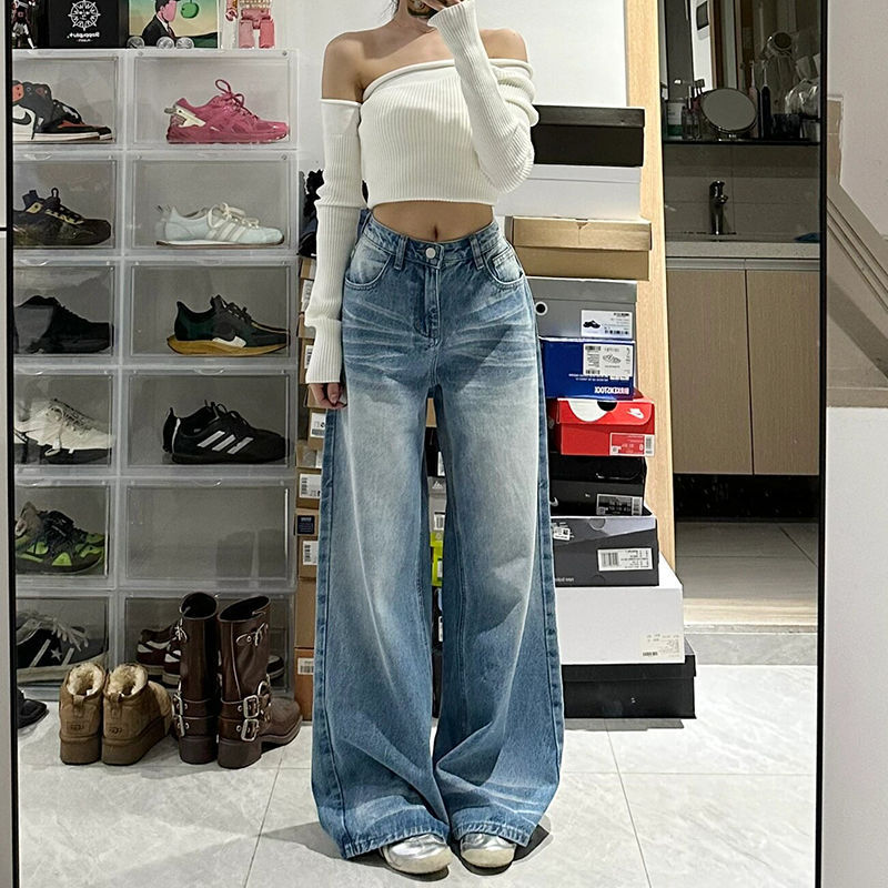 Retro Washed High Waist Wide Leg Jeans For Women Baggy Straight Trousers