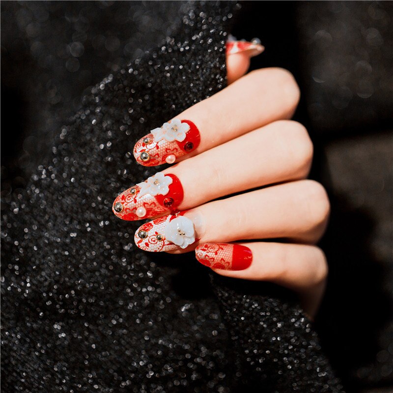 designer Crystal Flowers  with stones Press-on Nails 24 Pcs Set