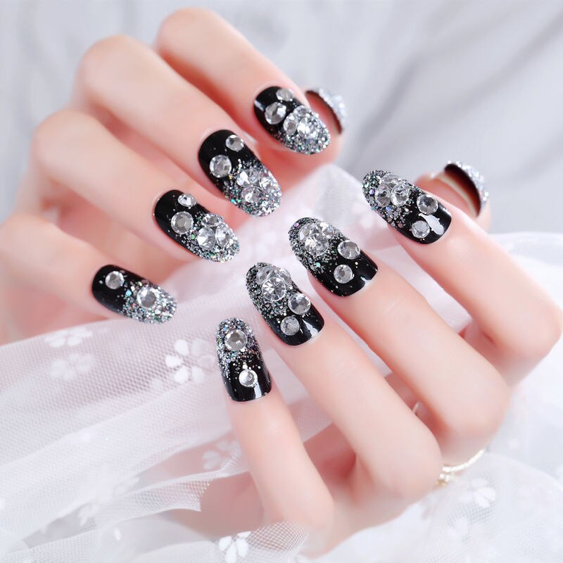 designer Crystal Flowers  with stones Press-on Nails 24 Pcs Set