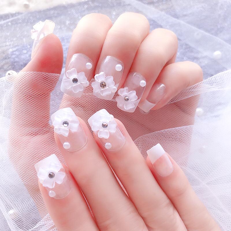 designer Crystal Flowers  with stones Press-on Nails 24 Pcs Set
