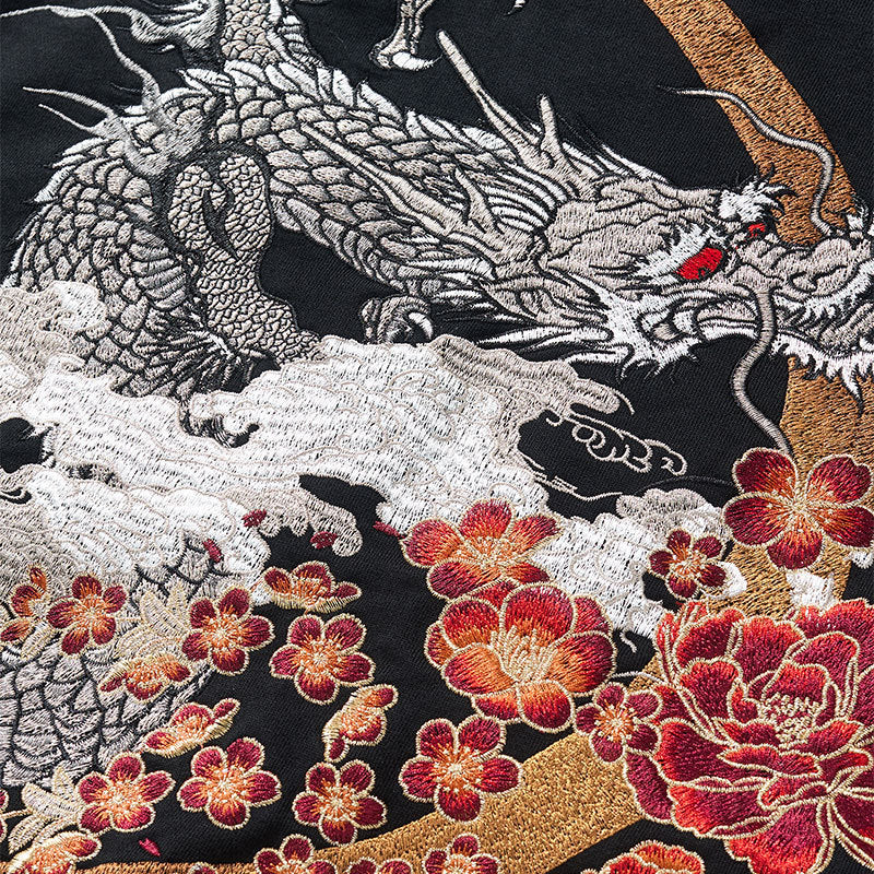 Dragon Embroidery Long Sleeve Hooded Zipper Sweatshirt Baggy Coat Loose