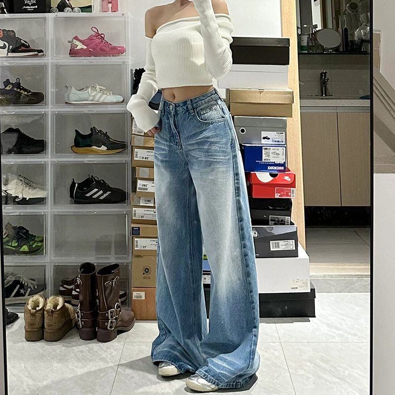 Retro Washed High Waist Wide Leg Jeans For Women Baggy Straight Trousers