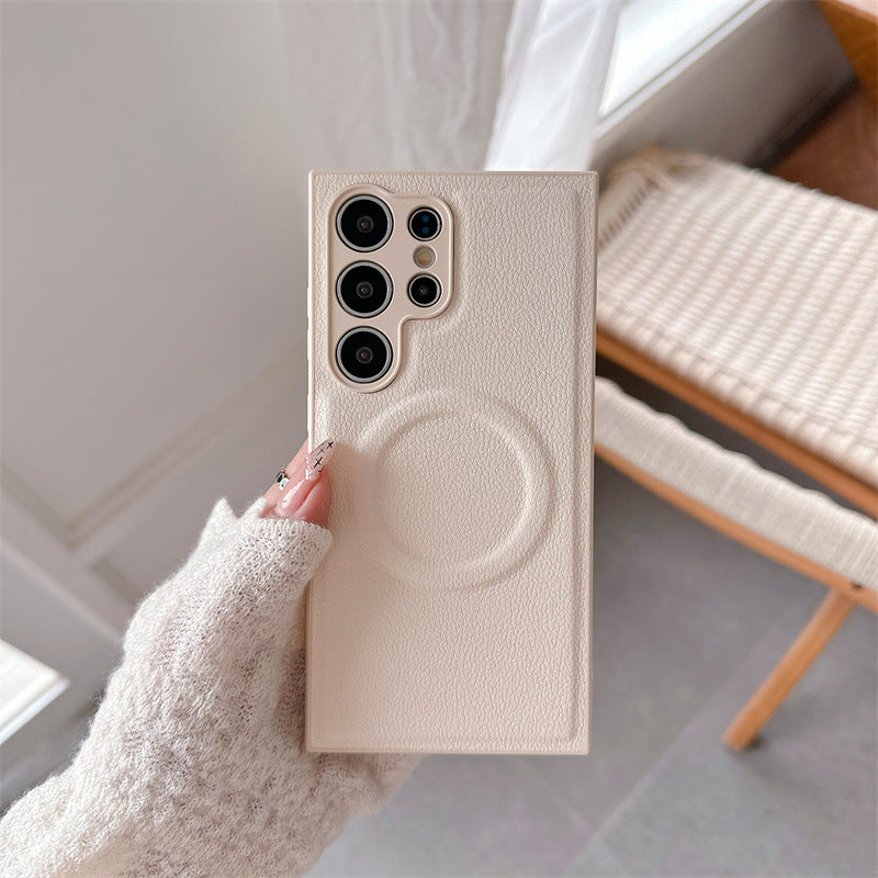 Plain Leather Magnetic Phone Case Drop-resistant Protective Cover