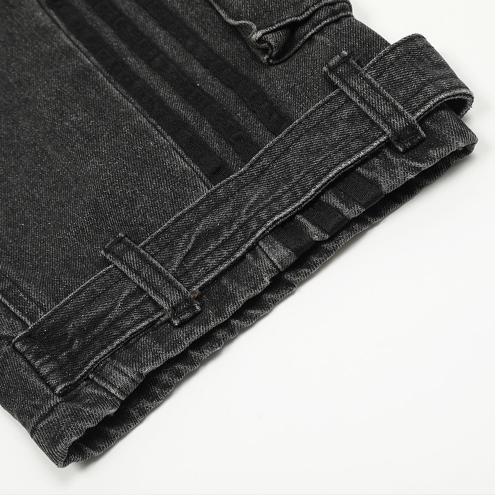 Design Multi-pocket Jeans Side Contrast Color Stripes Baggy Straight Trousers