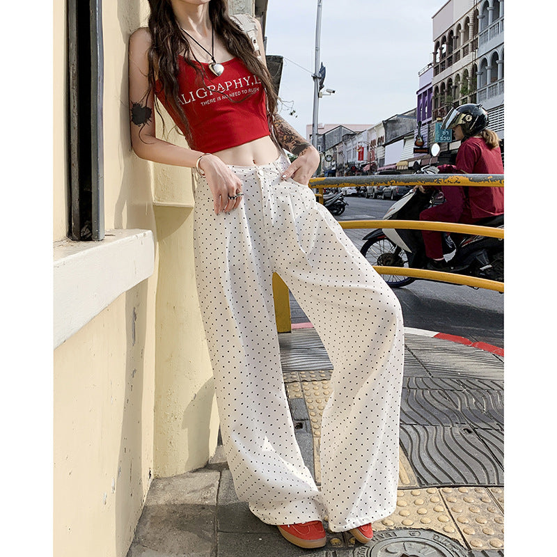 White Polka Dot Lyocell Jeans Female Pleated Design Baggy Straight Trousers