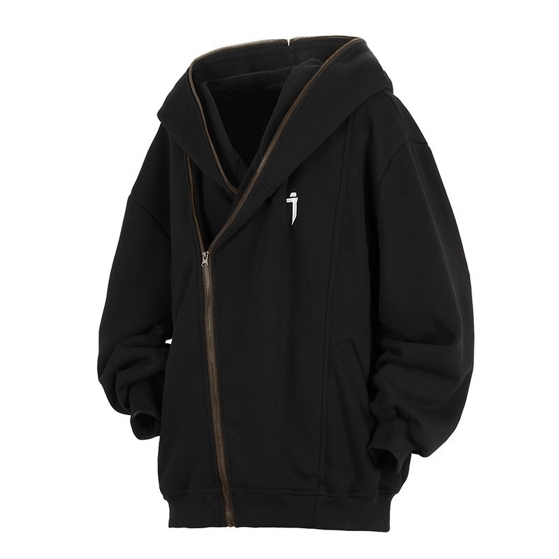 Oblique Zipper Hooded Cardigan Sweater Baggy Coat