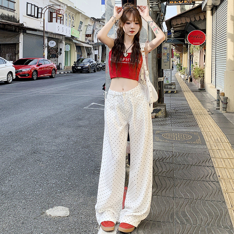 White Polka Dot Lyocell Jeans Female Pleated Design Baggy Straight Trousers