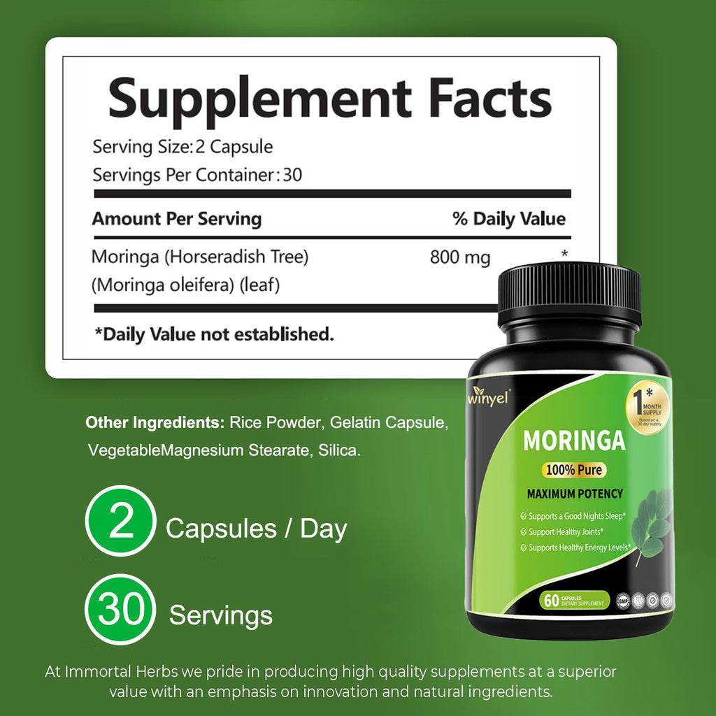 Pure Moringa Capsules - High Potency, Health & Fitness With Essential Vitamins & Amino Acids - 60 Capsules