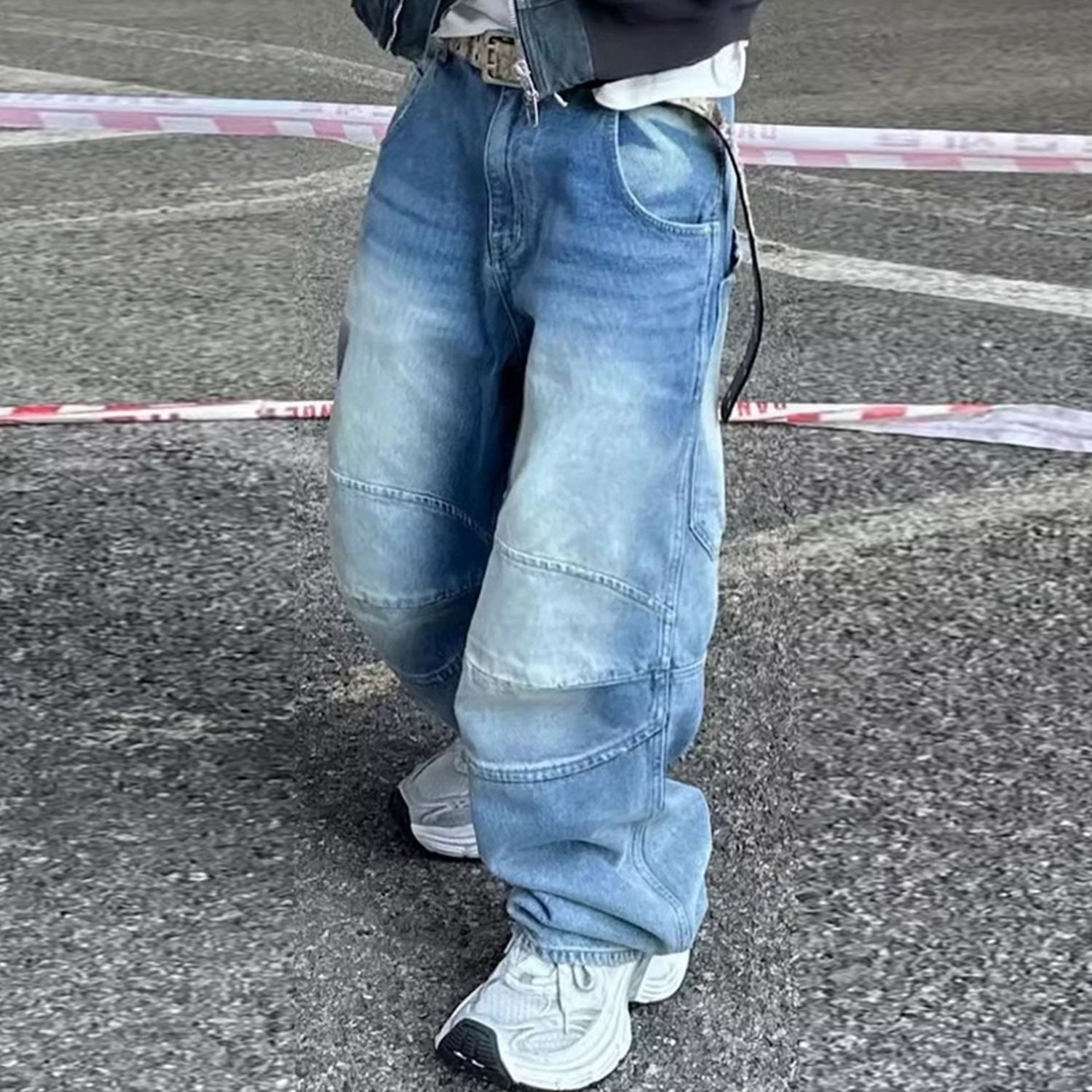 Profile Pleated BAGGY Washed White Blue Jeans