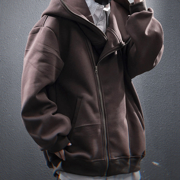 Oblique Zipper Hooded Cardigan Sweater Baggy Coat