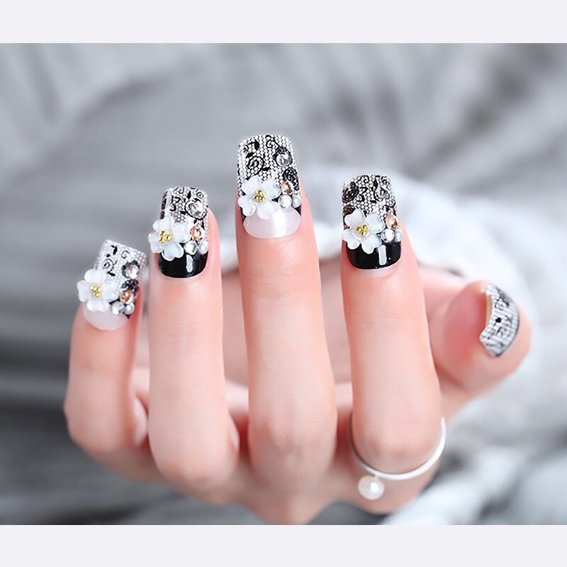 designer Crystal Flowers  with stones Press-on Nails 24 Pcs Set