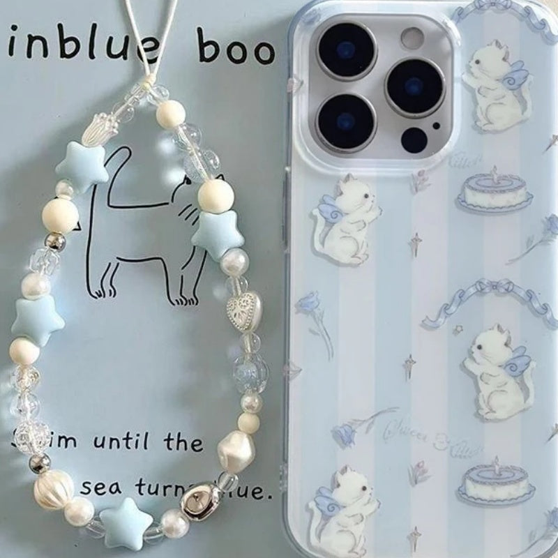 Applicable Mobile Phone Blue And White Striped Cat Lanyard Protective Cover