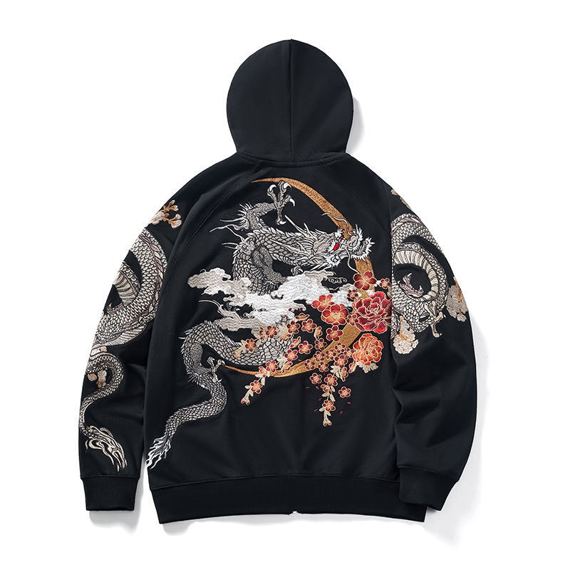 Dragon Embroidery Long Sleeve Hooded Zipper Sweatshirt Baggy Coat Loose