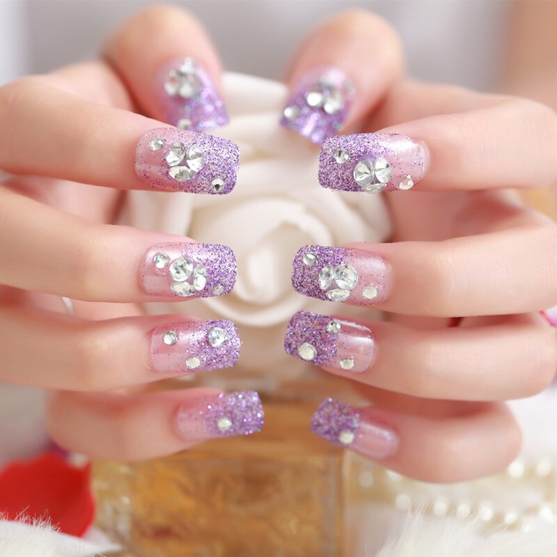 designer Crystal Flowers  with stones Press-on Nails 24 Pcs Set
