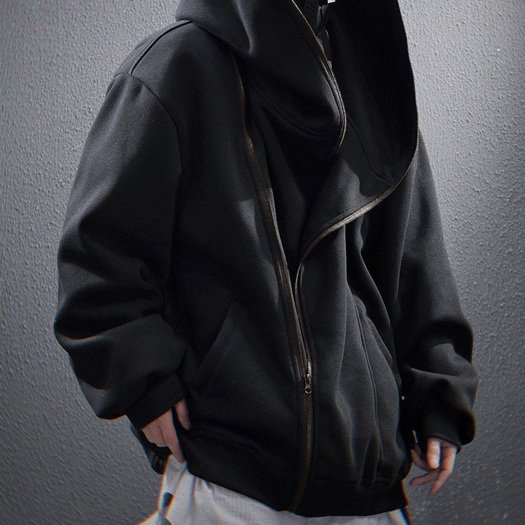 Oblique Zipper Hooded Cardigan Sweater Baggy Coat