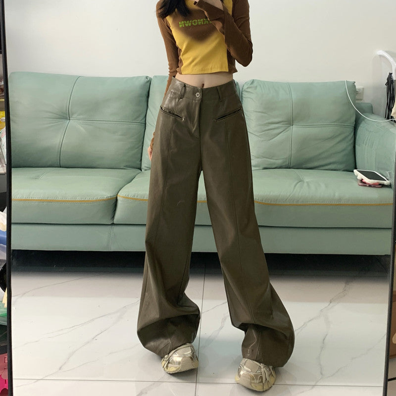 Straight Slim PU Leather Baggy Pants