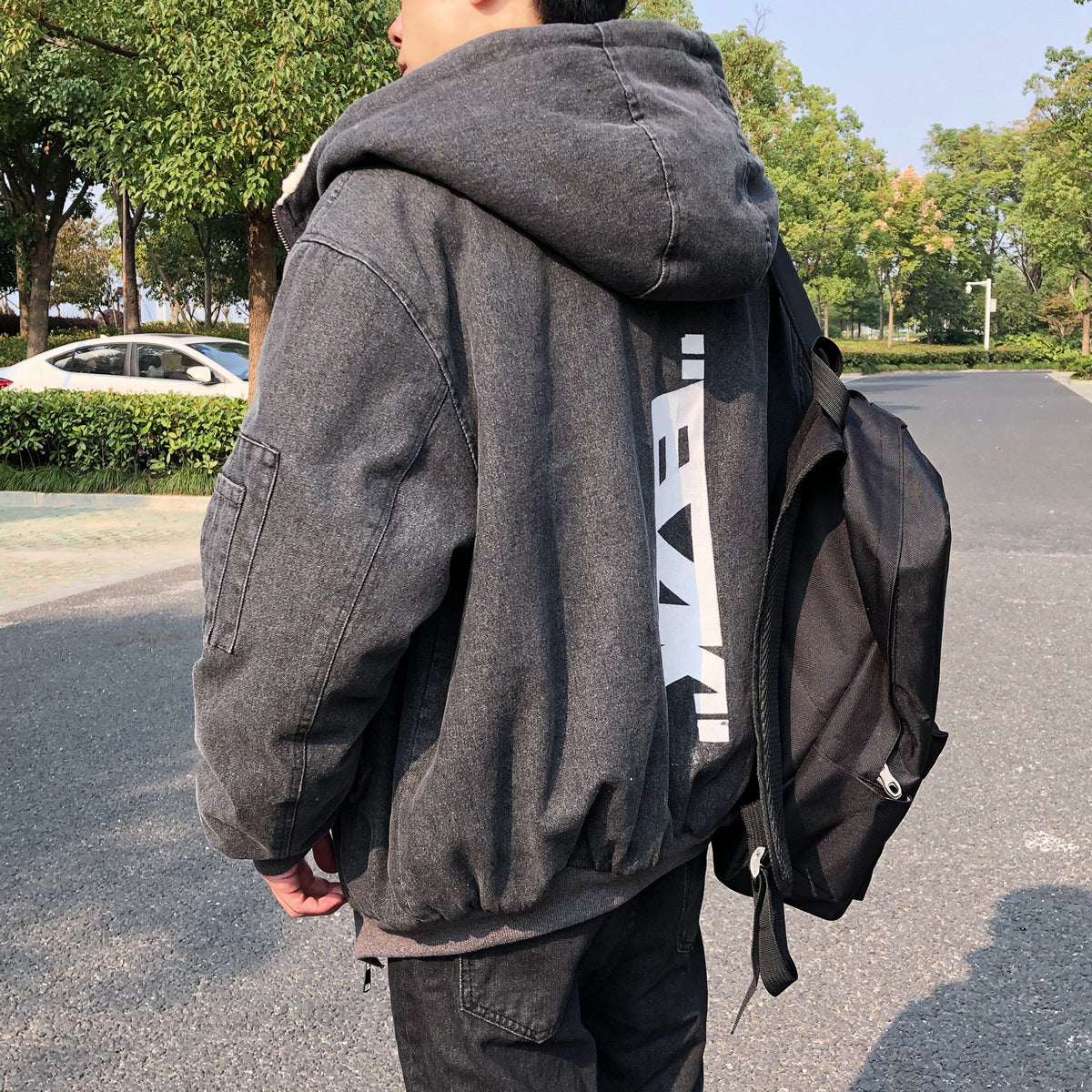 Front And Rear Printed Denim Lamb Wool Baggy Coat Cotton-padded Coat