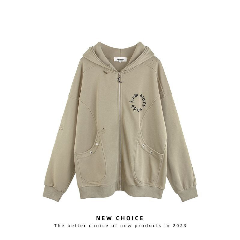 American Retro Ripped Jeans Hooded Sweater Baggy Coat