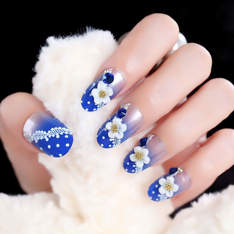 designer Crystal Flowers  with stones Press-on Nails 24 Pcs Set