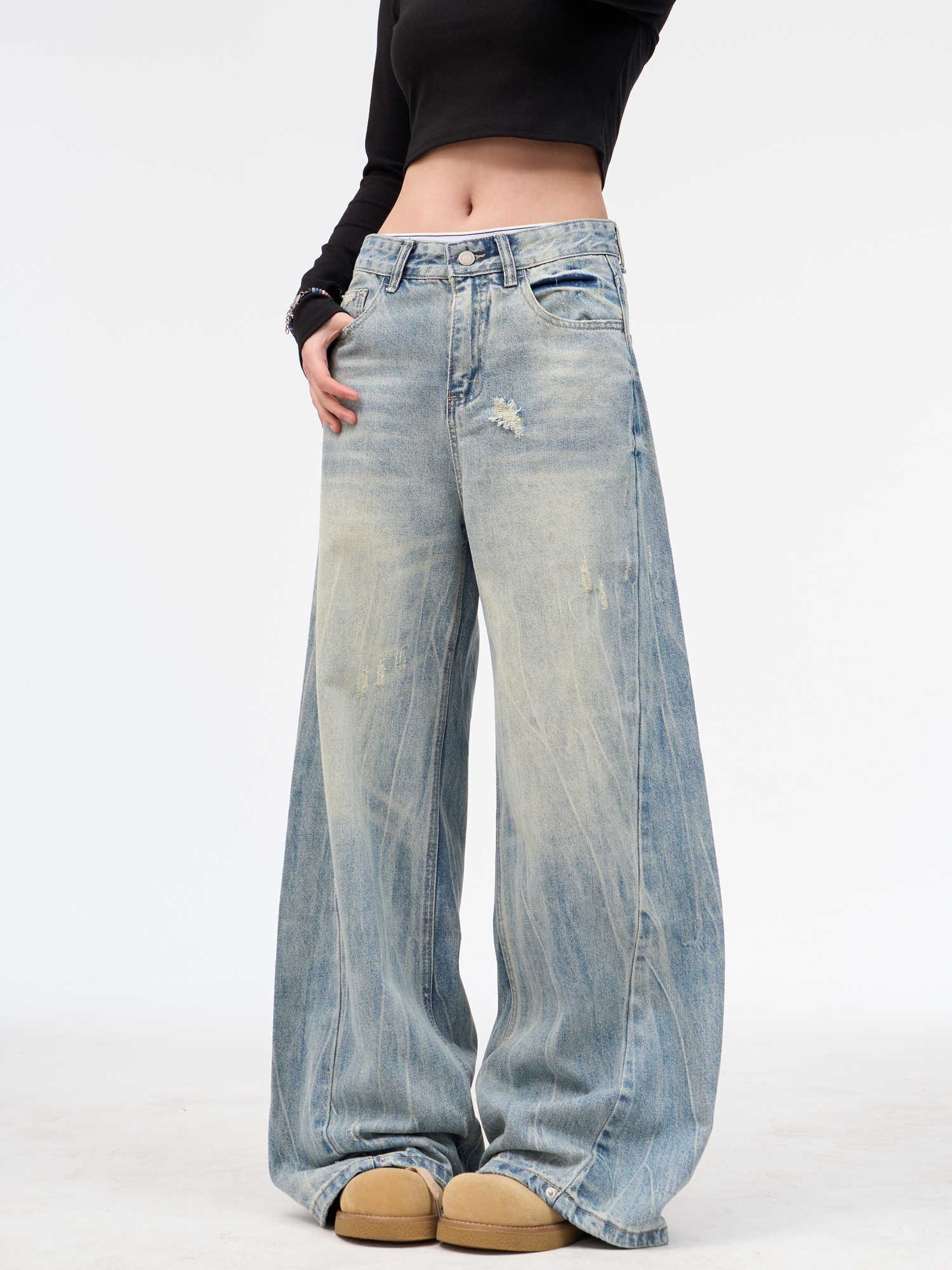 Retro Washed Ripped Jeans Baggy Straight Trousers