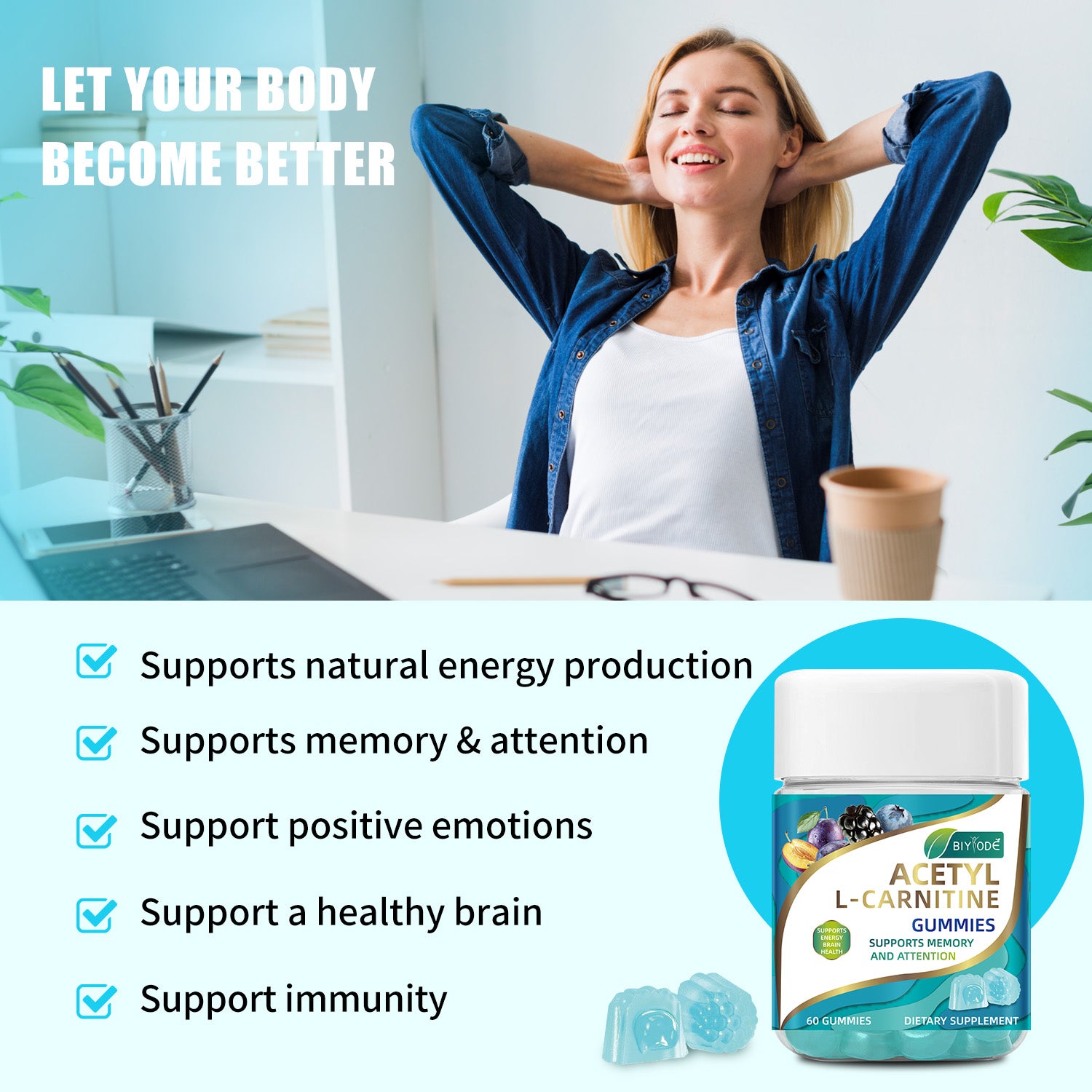 Biyode Wholesale Acetyl L-Carnitine Gummiegel Gummies Natural Daily Brain Wellness Supplement